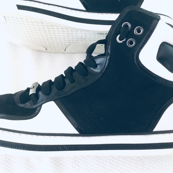 PRE OWNED Versace Leather/Nylon Men’s Hightop Black White Sneaker Sz 43EU / 10US - Picture 6 of 16
